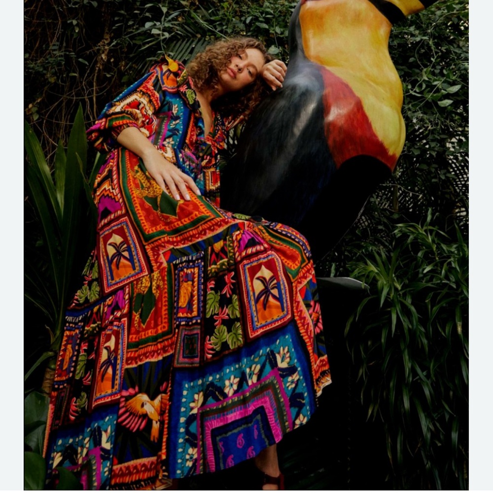 Farm Rio women’s Patchwork Tapestry ankle maxi Dress ruffle V-neck‎ tiered red M - Picture 4 of 11